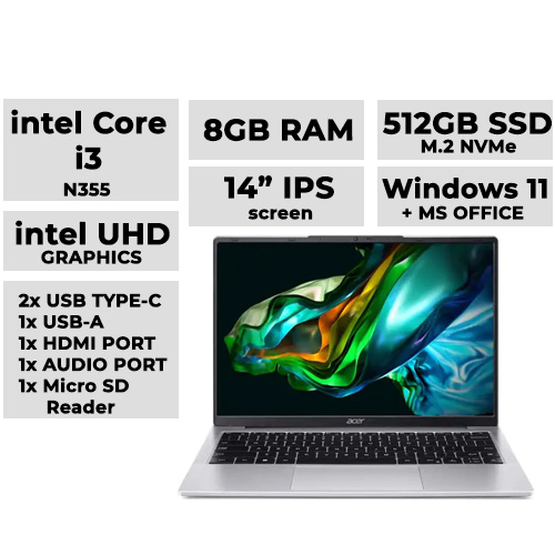Acer Aspire Lite 14 Laptop 14" IPS | Intel Core i3 N355 | 8GB DDR5 | 512GB NVMe SSD | UHD Graphics (Model: AL14-32P-34RE)